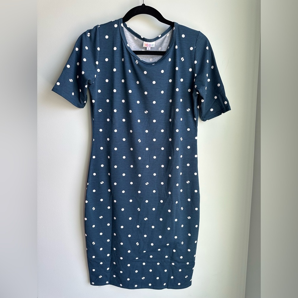 LuLaRoe Julia Dress - Blue with White Dots - Size Small